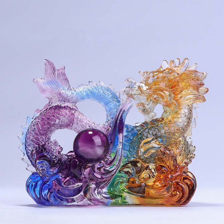 Buddha Stones Year of the Dragon Handmade Dragon Playing With Pearl Ingot Liuli Crystal Art Piece Protection Home Office Decoration - Dragon 14.5*5.5*11cm/5.71*2.17*4.33Inch - image 0