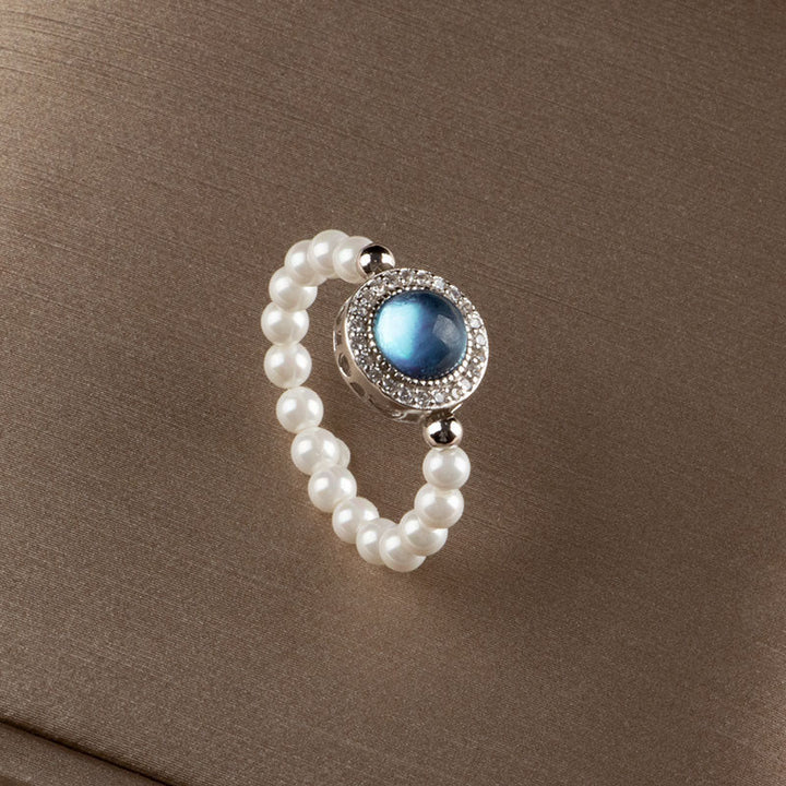 Buddha Stones 925 Sterling Silver Pearl Blue Chalcedony Healing Chain Bracelet Ring - image 7