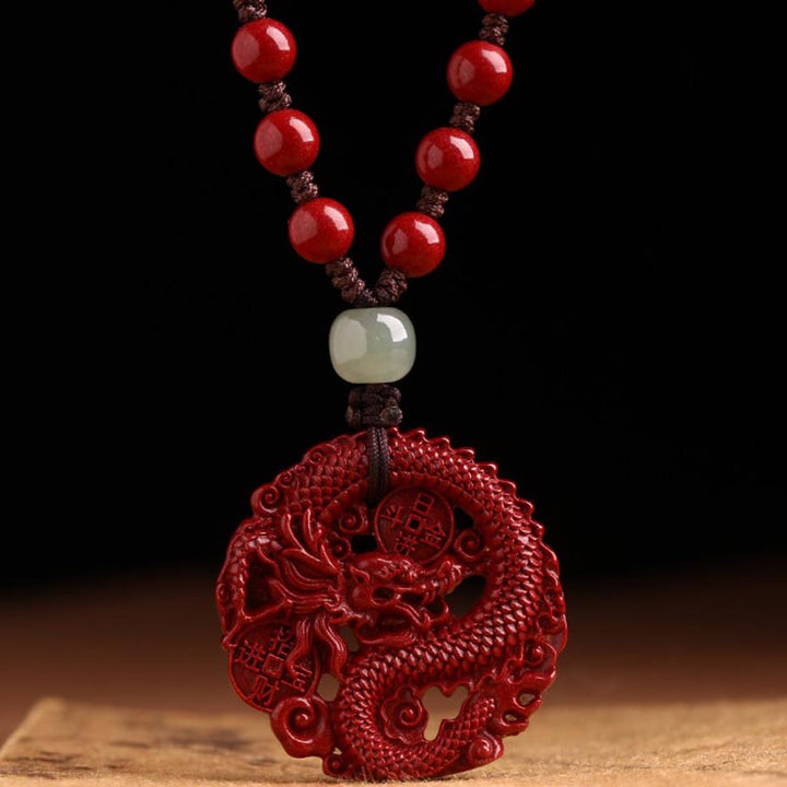 Buddha Stones Year Of The Dragon Natural Cinnabar Hetian Jade Bead Copper Coin Attract Wealth Strength Necklace Pendant - Cinnabar Dragon Bead Chain - image 0