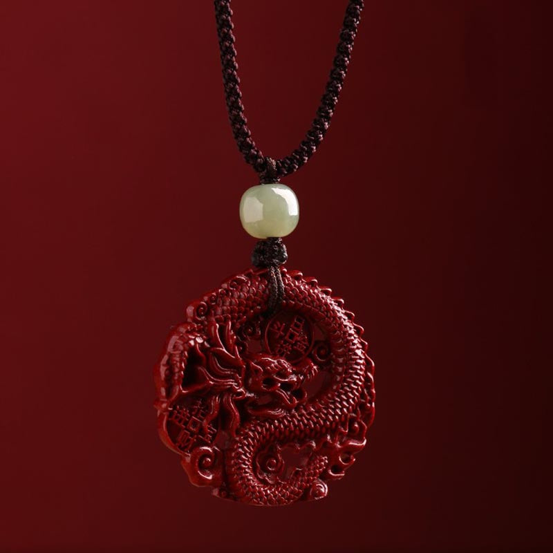 Buddha Stones Year Of The Dragon Natural Cinnabar Hetian Jade Bead Copper Coin Attract Wealth Strength Necklace Pendant - Cinnabar Dragon String Chain - image 6