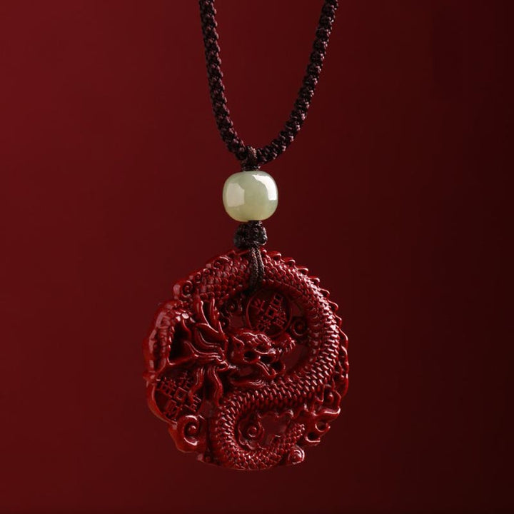 Buddha Stones Year Of The Dragon Natural Cinnabar Hetian Jade Bead Copper Coin Attract Wealth Strength Necklace Pendant - Cinnabar Dragon String Chain - image 6