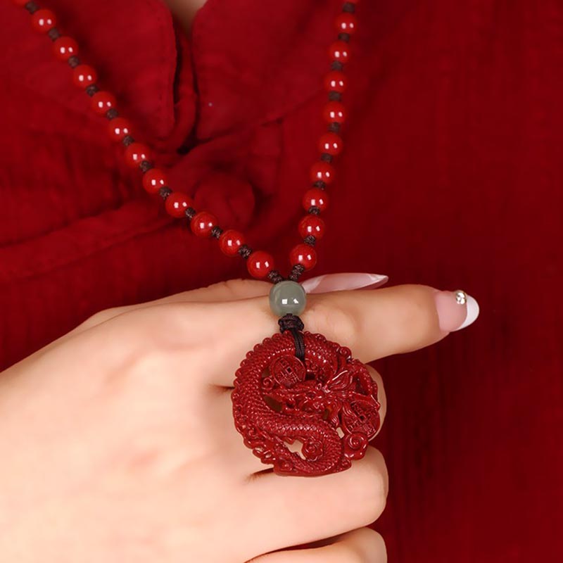 Buddha Stones Year Of The Dragon Natural Cinnabar Hetian Jade Bead Copper Coin Attract Wealth Strength Necklace Pendant - image 2