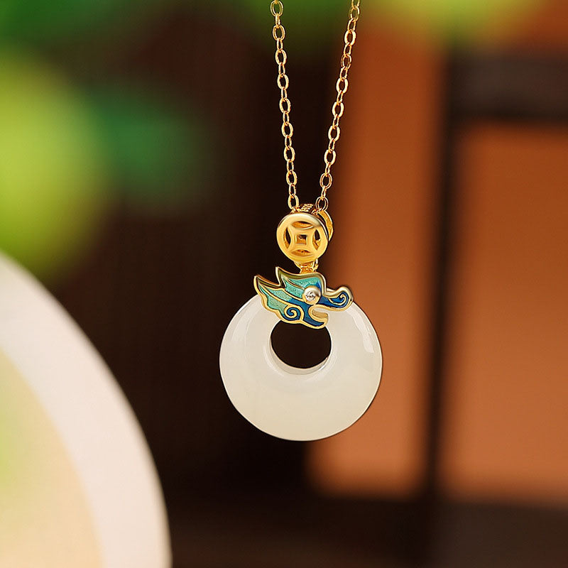 Buddha Stones 925 Sterling Silver Plated Gold Year of the Dragon Hetian Jade Peace Buckle Copper Coin Abundance Necklace Pendant - Dragon&Gold Chain - image 1