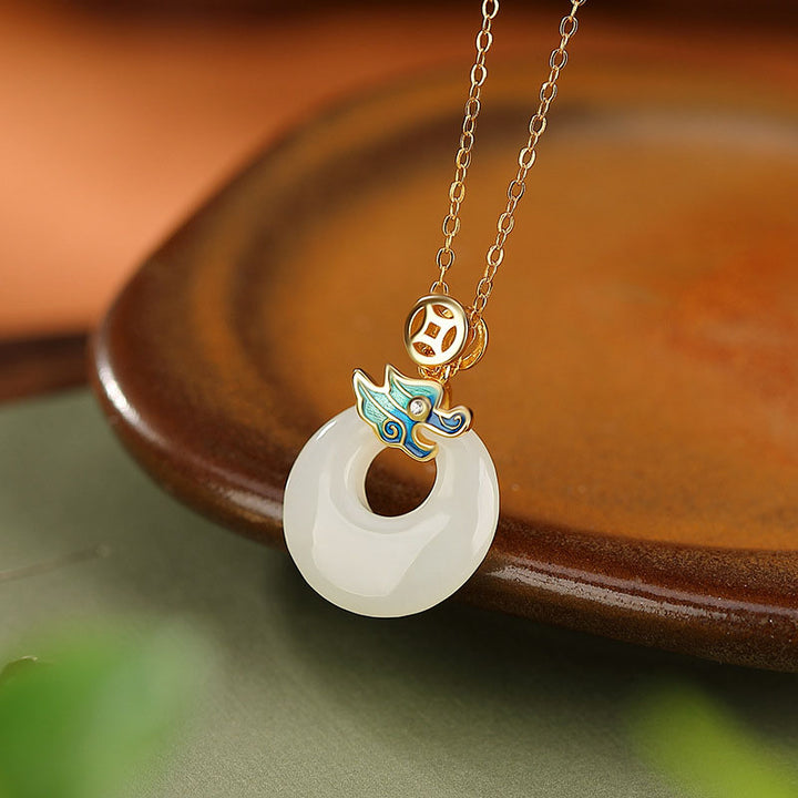 Buddha Stones 925 Sterling Silver Plated Gold Year of the Dragon Hetian Jade Peace Buckle Copper Coin Abundance Necklace Pendant - image 2