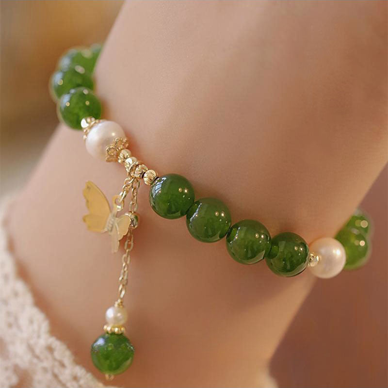 Buddha Stones Natural Green Chalcedony Pearl Butterfly Courage Strength Bracelet - Green Chalcedony(Strength♥Courage)(Wrist Circumference 14-16cm) - image 0