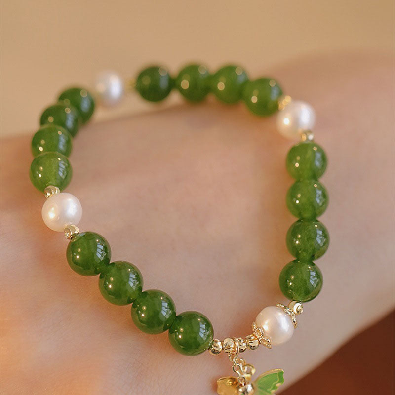 Buddha Stones Natural Green Chalcedony Pearl Butterfly Courage Strength Bracelet - image 1