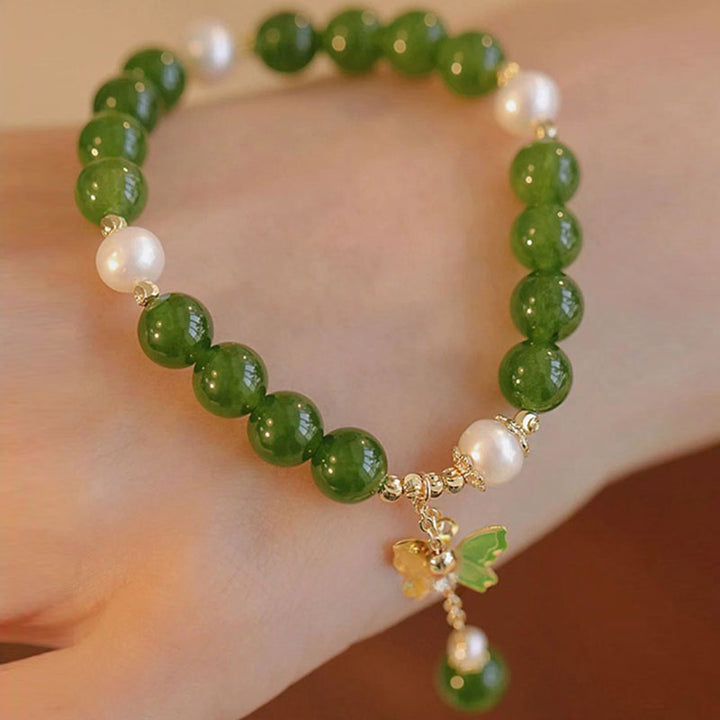 Buddha Stones Natural Green Chalcedony Pearl Butterfly Courage Strength Bracelet - image 2