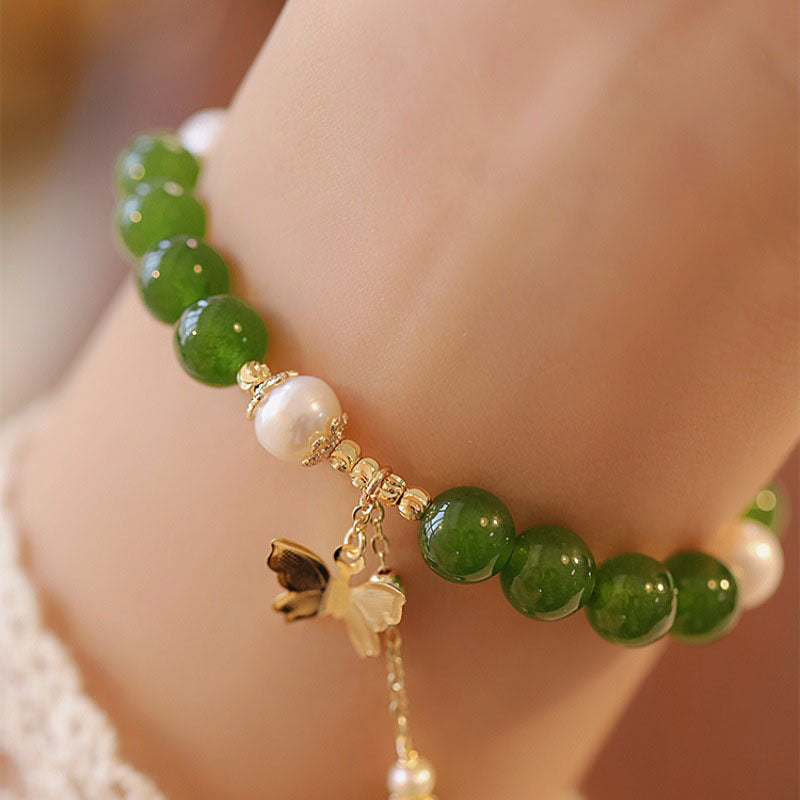 Buddha Stones Natural Green Chalcedony Pearl Butterfly Courage Strength Bracelet - image 3