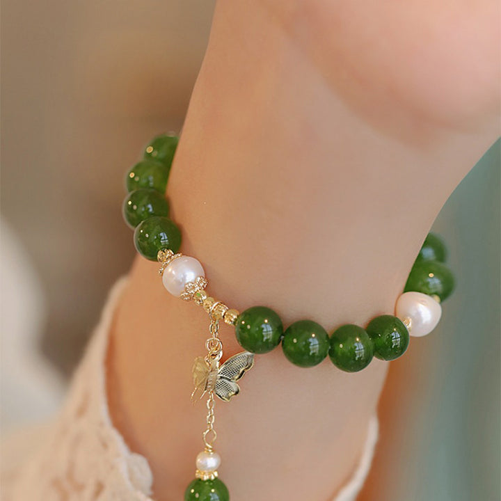 Buddha Stones Natural Green Chalcedony Pearl Butterfly Courage Strength Bracelet - image 4