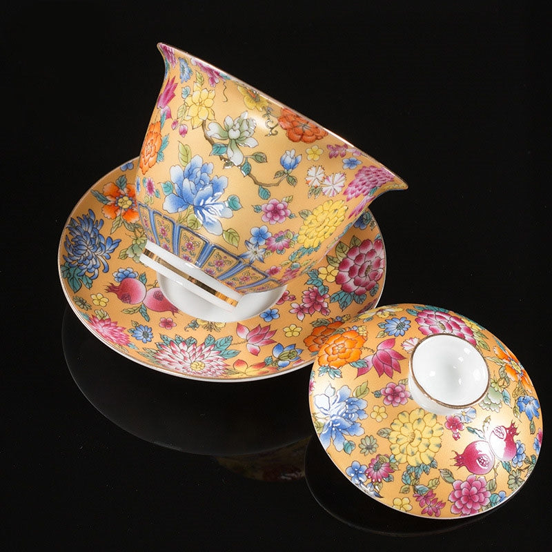Buddha Stones Peony Flowers Ceramic Gaiwan Sancai Teacup Kung Fu Tea Cup And Saucer With Lid - Gold 9.5cm*9.3cm*160ml - image 0