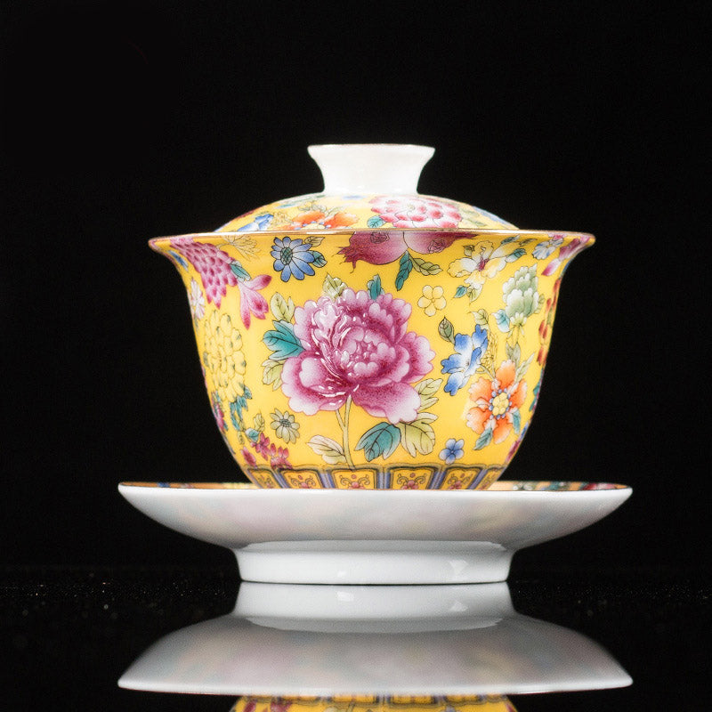 Buddha Stones Peony Flowers Ceramic Gaiwan Sancai Teacup Kung Fu Tea Cup And Saucer With Lid - Yellow 9.5cm*9.3cm*160ml - image 10