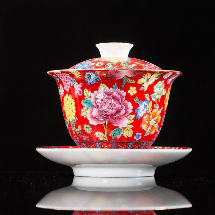 Buddha Stones Peony Flowers Ceramic Gaiwan Sancai Teacup Kung Fu Tea Cup And Saucer With Lid - Red 9.5cm*9.3cm*160ml - image 11