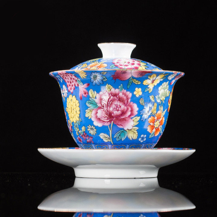 Buddha Stones Peony Flowers Ceramic Gaiwan Sancai Teacup Kung Fu Tea Cup And Saucer With Lid - Blue 9.5cm*9.3cm*160ml - image 12