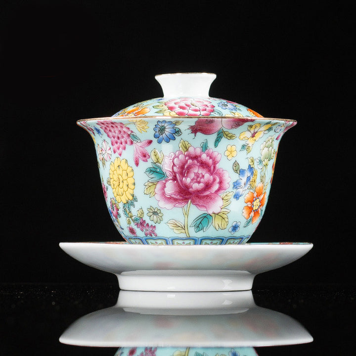 Buddha Stones Peony Flowers Ceramic Gaiwan Sancai Teacup Kung Fu Tea Cup And Saucer With Lid - Green 9.5cm*9.3cm*160ml - image 13