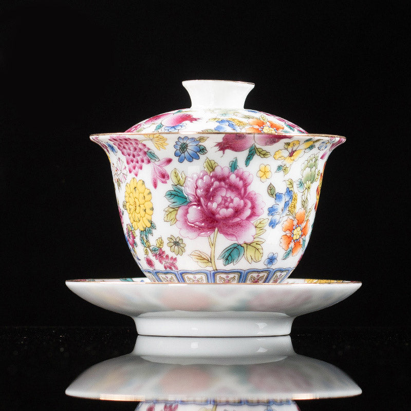 Buddha Stones Peony Flowers Ceramic Gaiwan Sancai Teacup Kung Fu Tea Cup And Saucer With Lid - White 9.5cm*9.3cm*160ml - image 14