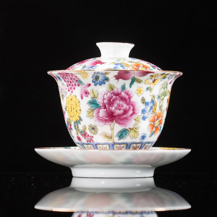 Buddha Stones Peony Flowers Ceramic Gaiwan Sancai Teacup Kung Fu Tea Cup And Saucer With Lid - White 9.5cm*9.3cm*160ml - image 14