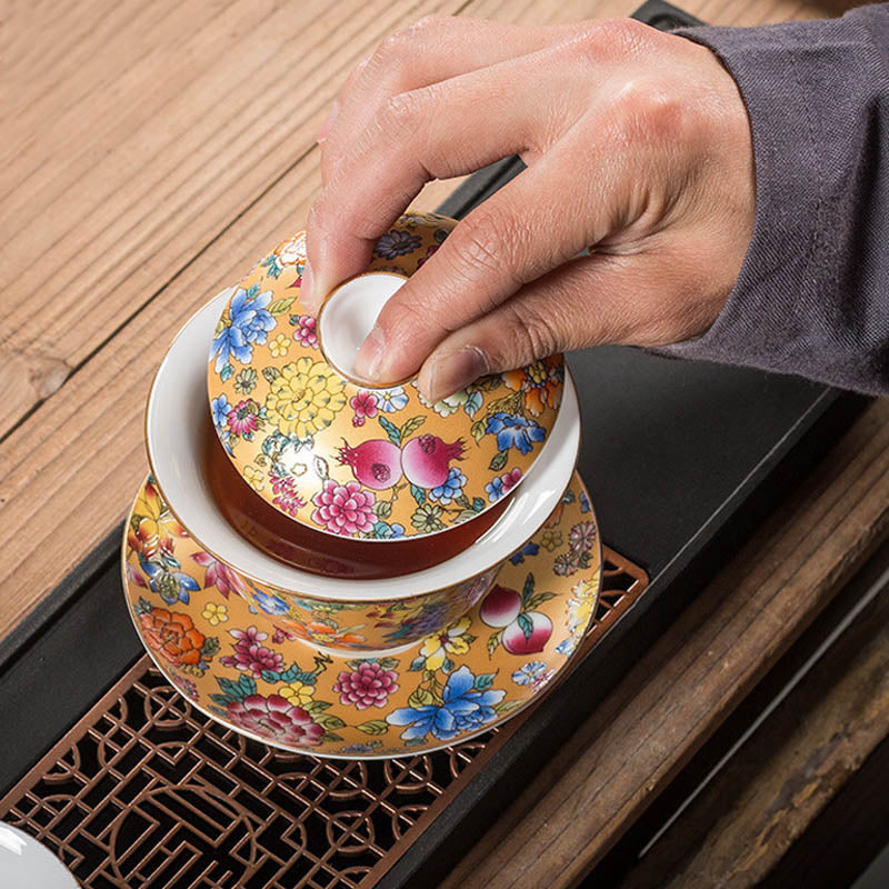 Buddha Stones Peony Flowers Ceramic Gaiwan Sancai Teacup Kung Fu Tea Cup And Saucer With Lid - image 7