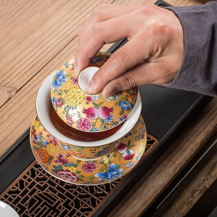 Buddha Stones Peony Flowers Ceramic Gaiwan Sancai Teacup Kung Fu Tea Cup And Saucer With Lid - image 7
