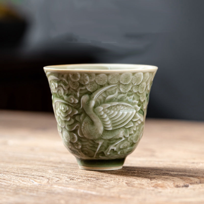 Buddha Stones Crane Pine Ceramic Teacup Kung Fu Tea Cup 80ml - LightYellow 7cm*6.3cm*80ml - image 7