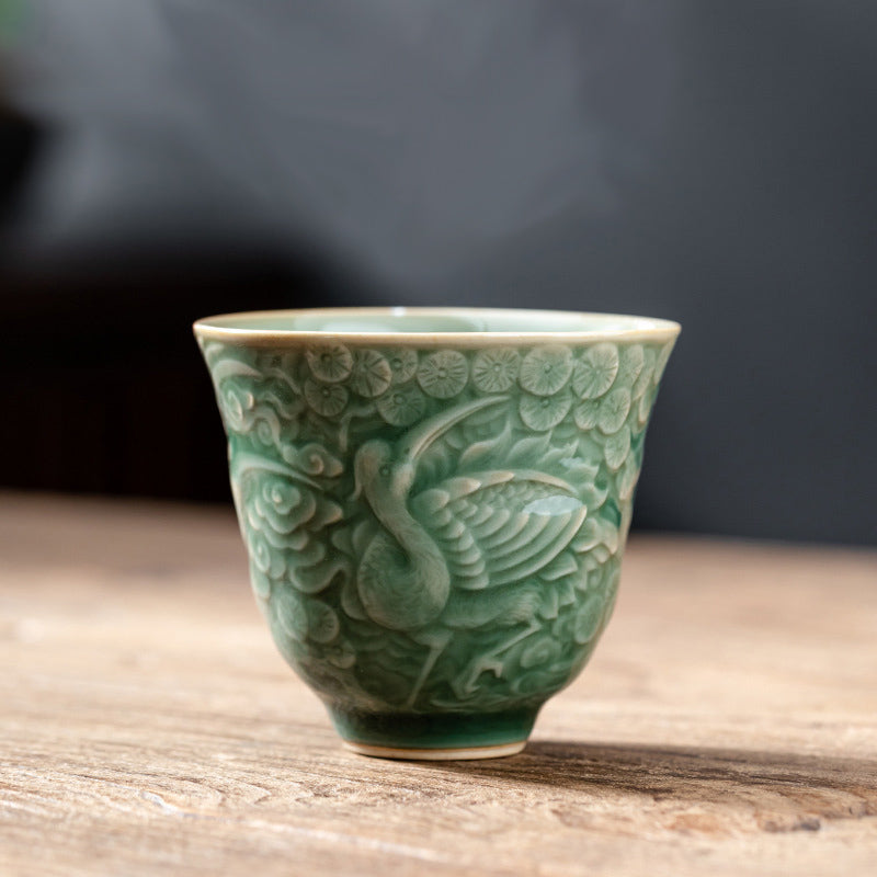 Buddha Stones Crane Pine Ceramic Teacup Kung Fu Tea Cup 80ml - Green 7cm*6.3cm*80ml - image 2