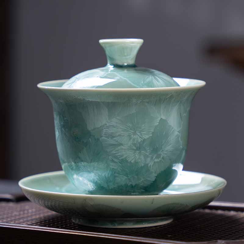 Buddha Stones Traditional Glaze Ceramic Gaiwan Sancai Teacup Kung Fu Tea Cup And Saucer With Lid 180ml - Light Green 11.7cm*10.2cm*180ml - image 0