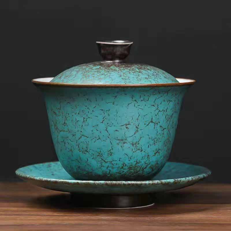 Buddha Stones Traditional Pine Tree Green Ceramic Gaiwan Sancai Teacup Kung Fu Tea Cup And Saucer With Lid - image 1