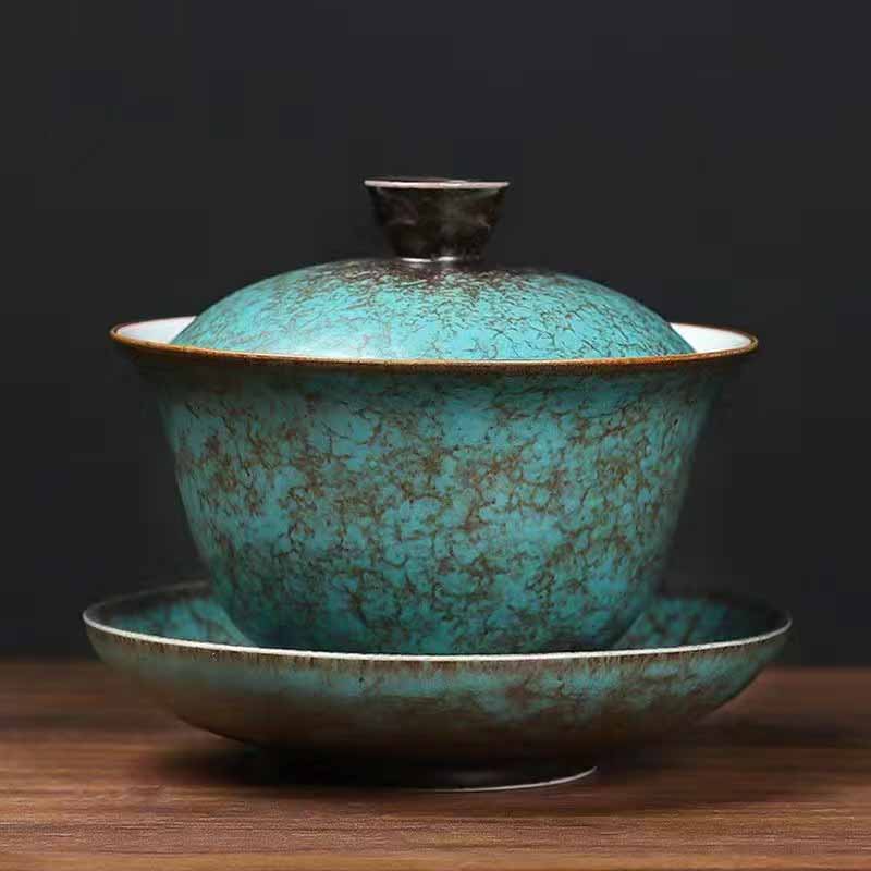Buddha Stones Traditional Pine Tree Green Ceramic Gaiwan Sancai Teacup Kung Fu Tea Cup And Saucer With Lid - 10.4cm*9cm*100ml - image 12