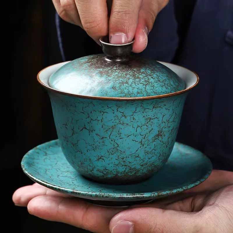 Buddha Stones Traditional Pine Tree Green Ceramic Gaiwan Sancai Teacup Kung Fu Tea Cup And Saucer With Lid - 11.3cm*9.5cm*150ml - image 0