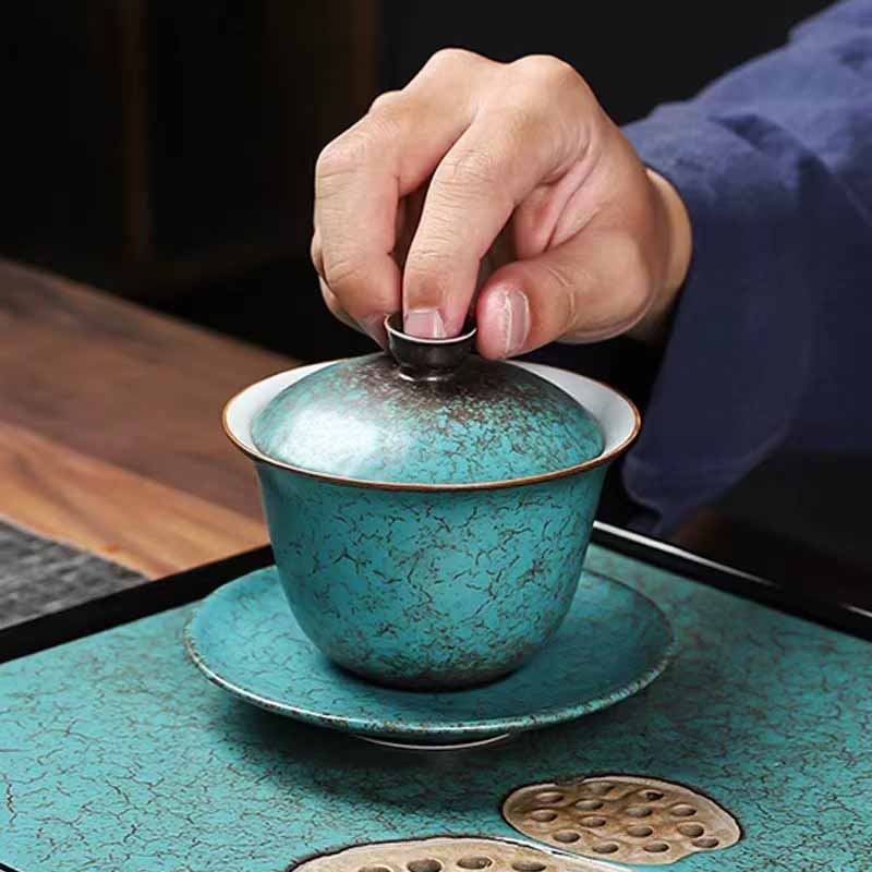 Buddha Stones Traditional Pine Tree Green Ceramic Gaiwan Sancai Teacup Kung Fu Tea Cup And Saucer With Lid - image 2