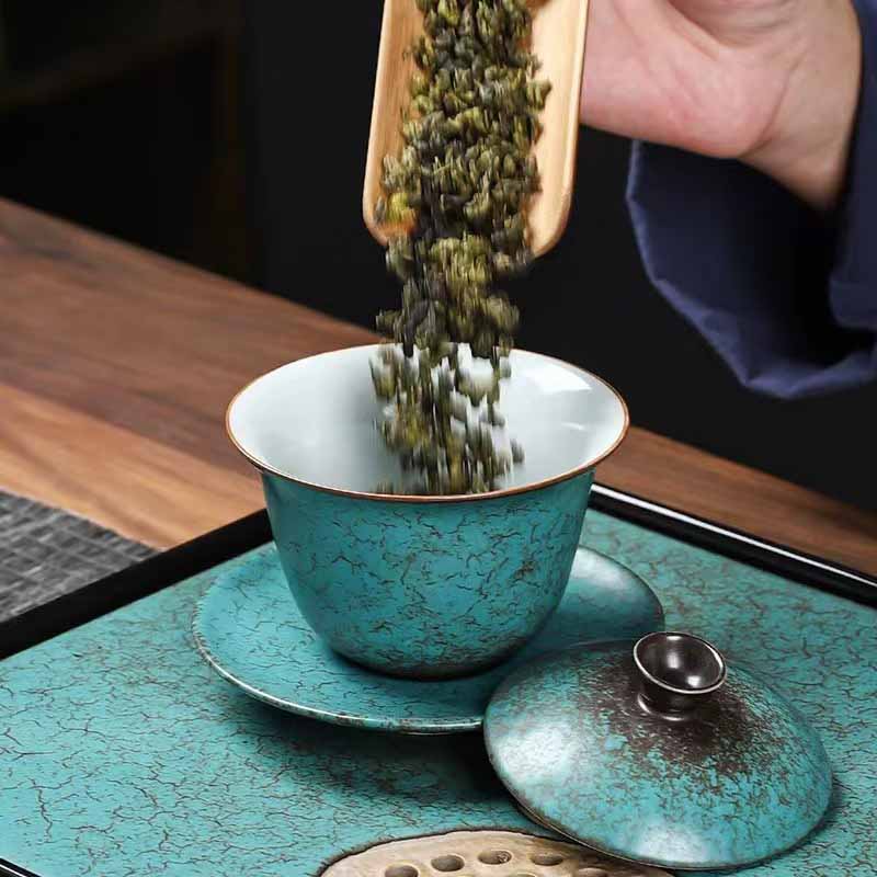 Buddha Stones Traditional Pine Tree Green Ceramic Gaiwan Sancai Teacup Kung Fu Tea Cup And Saucer With Lid - image 10