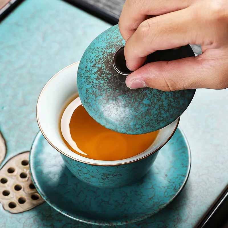 Buddha Stones Traditional Pine Tree Green Ceramic Gaiwan Sancai Teacup Kung Fu Tea Cup And Saucer With Lid - image 3