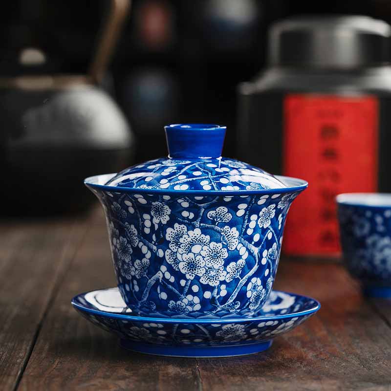 Buddha Stones Plum Blossom Blue And White Porcelain Ceramic Gaiwan Sancai Teacup Kung Fu Tea Cup And Saucer With Lid 185ml - 9.5cm*9.6cm*185ml - image 0