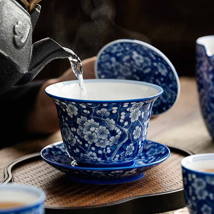Buddha Stones Plum Blossom Blue And White Porcelain Ceramic Gaiwan Sancai Teacup Kung Fu Tea Cup And Saucer With Lid 185ml - image 4