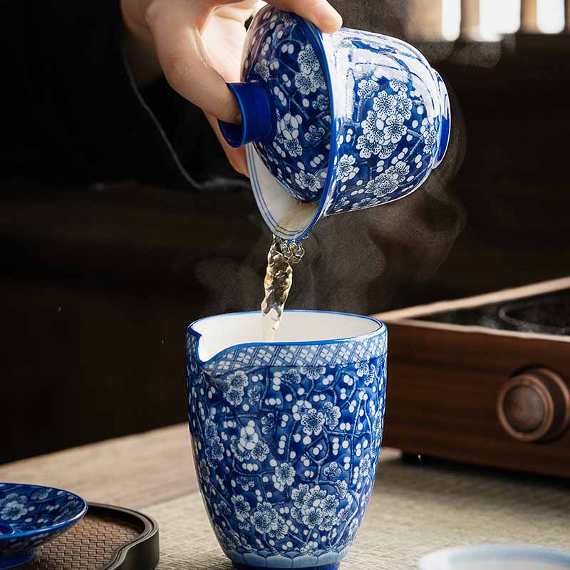Buddha Stones Plum Blossom Blue And White Porcelain Ceramic Gaiwan Sancai Teacup Kung Fu Tea Cup And Saucer With Lid 185ml - image 14