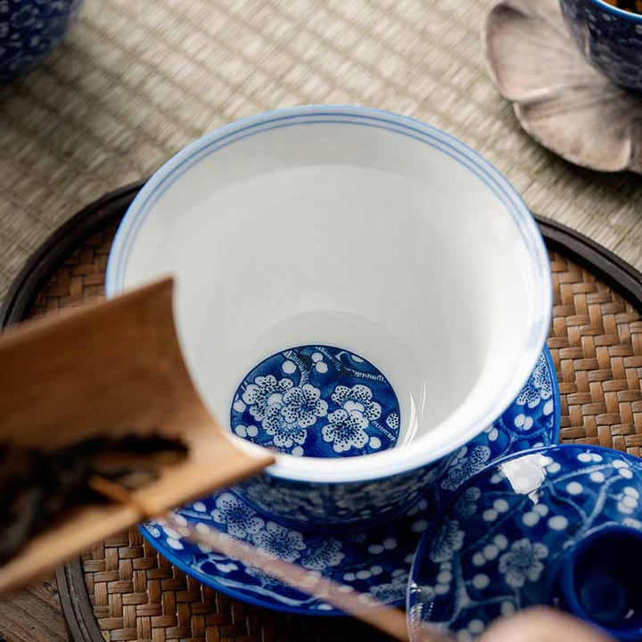 Buddha Stones Plum Blossom Blue And White Porcelain Ceramic Gaiwan Sancai Teacup Kung Fu Tea Cup And Saucer With Lid 185ml - image 3