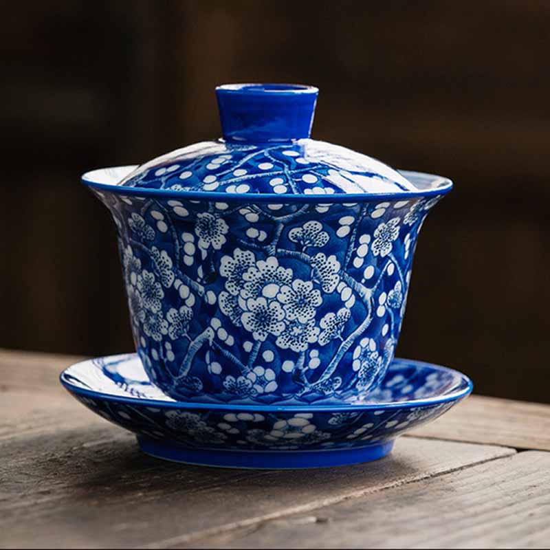 Buddha Stones Plum Blossom Blue And White Porcelain Ceramic Gaiwan Sancai Teacup Kung Fu Tea Cup And Saucer With Lid 185ml - image 1