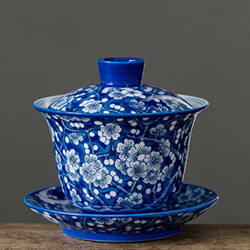 Buddha Stones Plum Blossom Blue And White Porcelain Ceramic Gaiwan Sancai Teacup Kung Fu Tea Cup And Saucer With Lid 185ml - image 9
