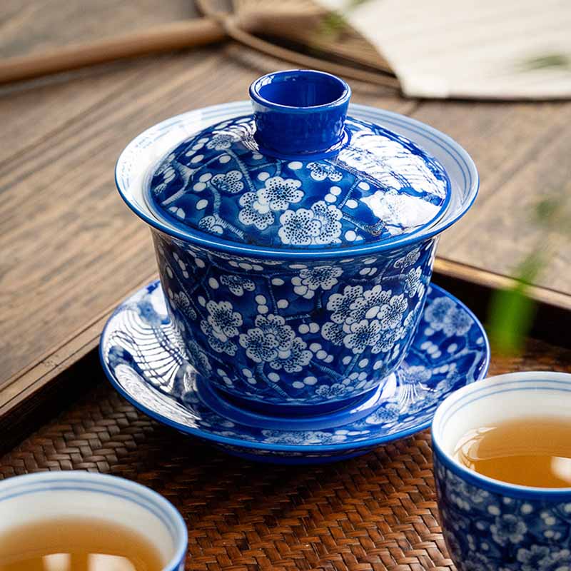 Buddha Stones Plum Blossom Blue And White Porcelain Ceramic Gaiwan Sancai Teacup Kung Fu Tea Cup And Saucer With Lid 185ml - image 2