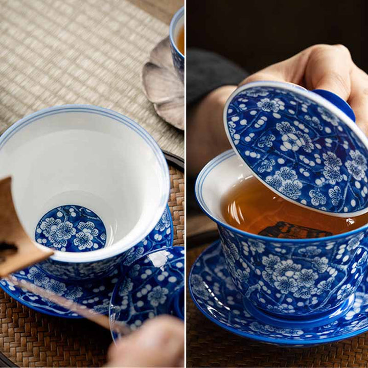 Buddha Stones Plum Blossom Blue And White Porcelain Ceramic Gaiwan Sancai Teacup Kung Fu Tea Cup And Saucer With Lid 185ml - image 10