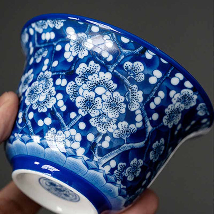 Buddha Stones Plum Blossom Blue And White Porcelain Ceramic Gaiwan Sancai Teacup Kung Fu Tea Cup And Saucer With Lid 185ml - image 6