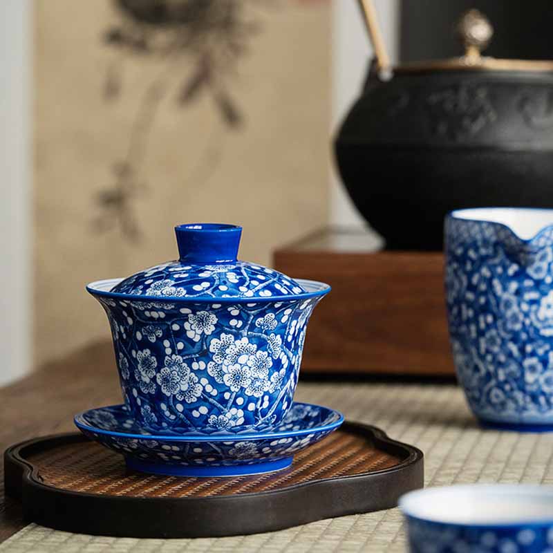 Buddha Stones Plum Blossom Blue And White Porcelain Ceramic Gaiwan Sancai Teacup Kung Fu Tea Cup And Saucer With Lid 185ml - image 12