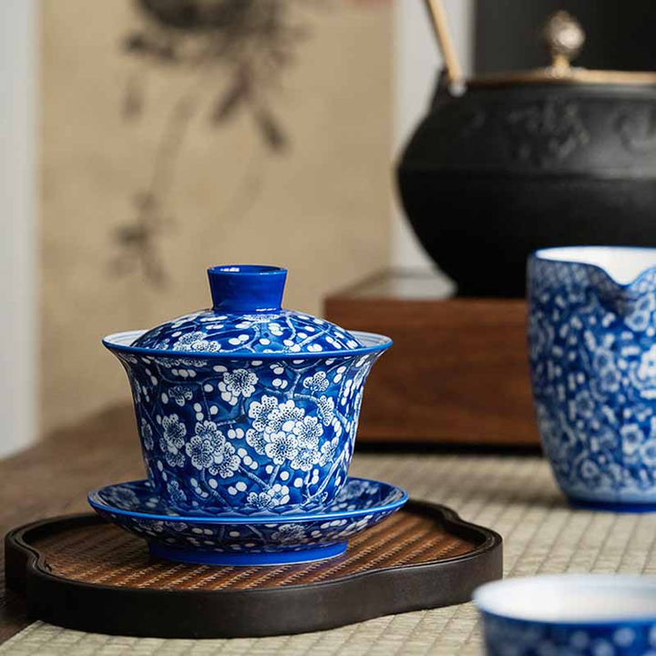 Buddha Stones Plum Blossom Blue And White Porcelain Ceramic Gaiwan Sancai Teacup Kung Fu Tea Cup And Saucer With Lid 185ml - image 12