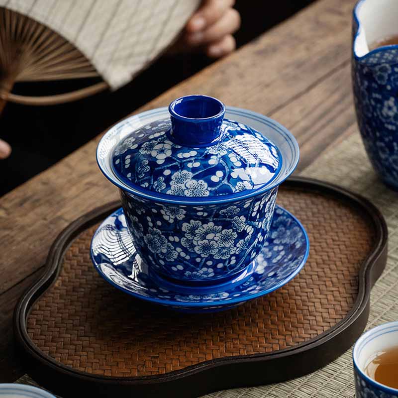 Buddha Stones Plum Blossom Blue And White Porcelain Ceramic Gaiwan Sancai Teacup Kung Fu Tea Cup And Saucer With Lid 185ml - image 13