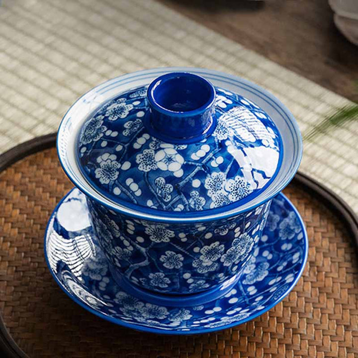 Buddha Stones Plum Blossom Blue And White Porcelain Ceramic Gaiwan Sancai Teacup Kung Fu Tea Cup And Saucer With Lid 185ml - image 11