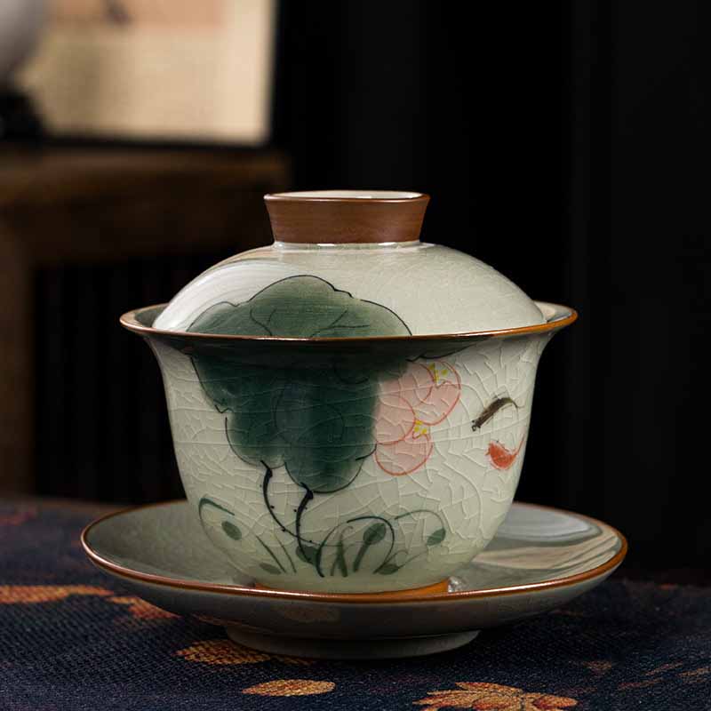 Buddha Stones Lotus Koi Fish Pod Leaf Ceramic Gaiwan Sancai Teacup Kung Fu Tea Cup And Saucer With Lid 140ml - Lotus Koi Fish 11.5cm*9.5cm*140ml - image 0