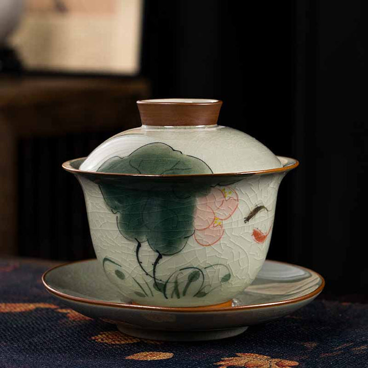 Buddha Stones Lotus Koi Fish Pod Leaf Ceramic Gaiwan Sancai Teacup Kung Fu Tea Cup And Saucer With Lid 140ml - Lotus Koi Fish 11.5cm*9.5cm*140ml - image 0
