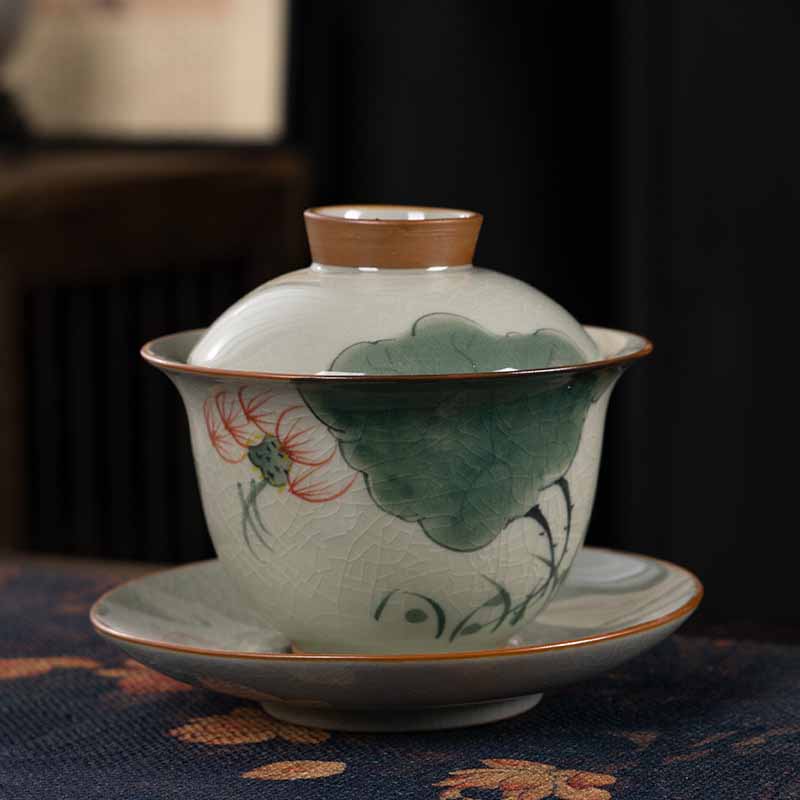 Buddha Stones Lotus Koi Fish Pod Leaf Ceramic Gaiwan Sancai Teacup Kung Fu Tea Cup And Saucer With Lid 140ml - Lotus Green Leaf 11.5cm*9.5cm*140ml - image 1