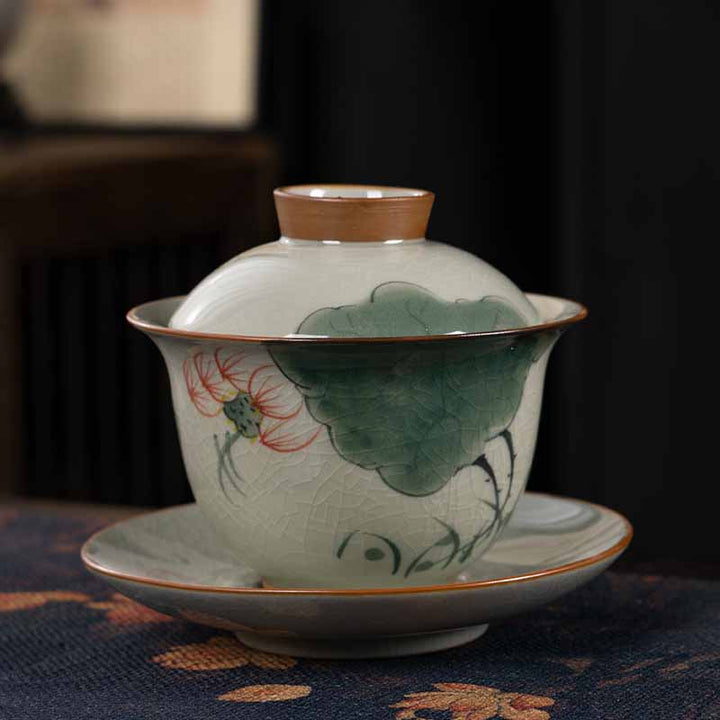 Buddha Stones Lotus Koi Fish Pod Leaf Ceramic Gaiwan Sancai Teacup Kung Fu Tea Cup And Saucer With Lid 140ml - Lotus Green Leaf 11.5cm*9.5cm*140ml - image 1