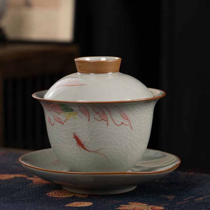 Buddha Stones Lotus Koi Fish Pod Leaf Ceramic Gaiwan Sancai Teacup Kung Fu Tea Cup And Saucer With Lid 140ml - Pink Lotus Koi Fish 11.5cm*9.5cm*140ml - image 2