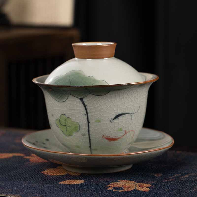 Buddha Stones Lotus Koi Fish Pod Leaf Ceramic Gaiwan Sancai Teacup Kung Fu Tea Cup And Saucer With Lid 140ml - Double Koi Fish Lotus Leaf 11.5cm*9.5cm*140ml - image 19